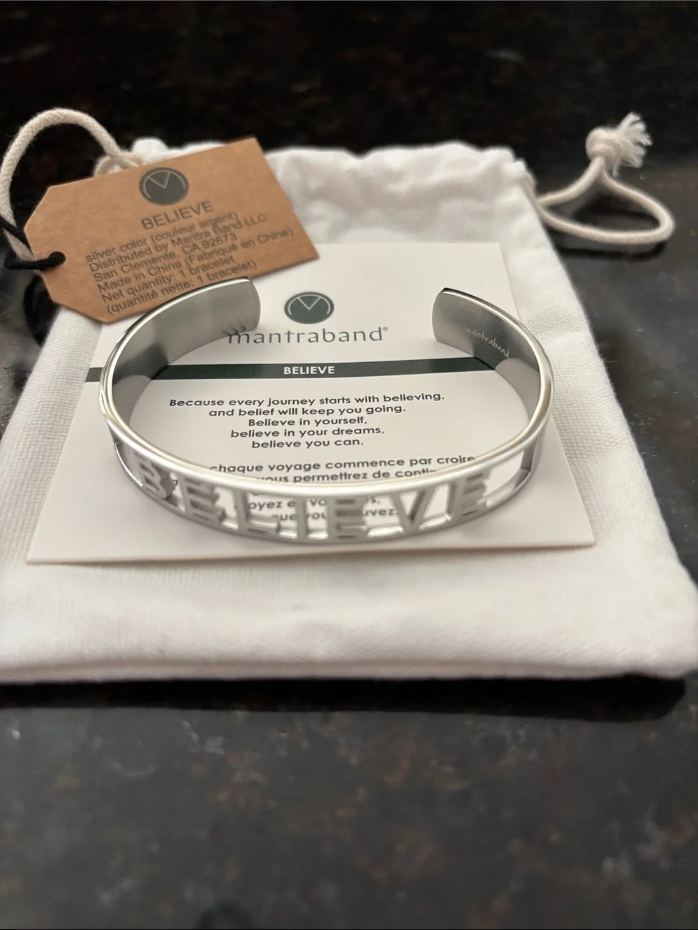 MantraBand Silver 'BELIEVE' Cutout Cuff Bracelet
